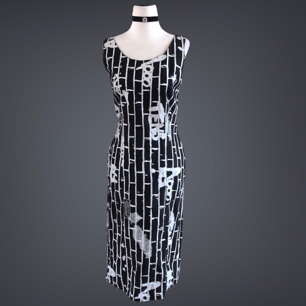 Vintage Black & White Graffiti Print Sheath Dress M